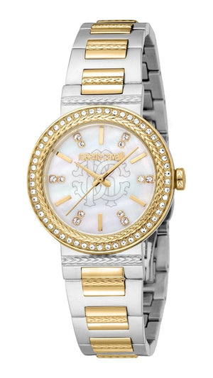 Just Cavalli Donna Glam Mother of Pearl White Dial Two Tone Steel Strap Watch for Women - RC5L098M0055