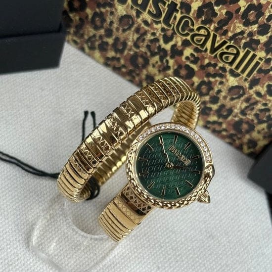 Just Cavalli Enchanting Green Dial Gold Steel Strap Watch for Women - JC1L301M0035