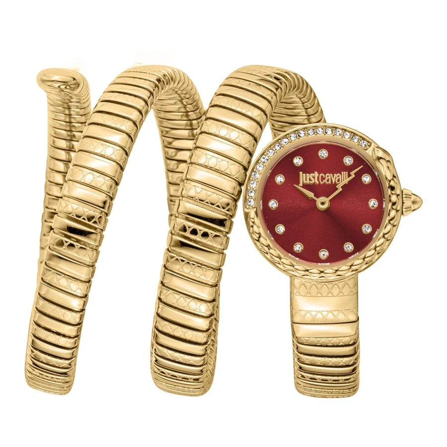 Just Cavalli Enchanting Red Dial Gold Steel Strap Watch for Women - JC1L302M0035