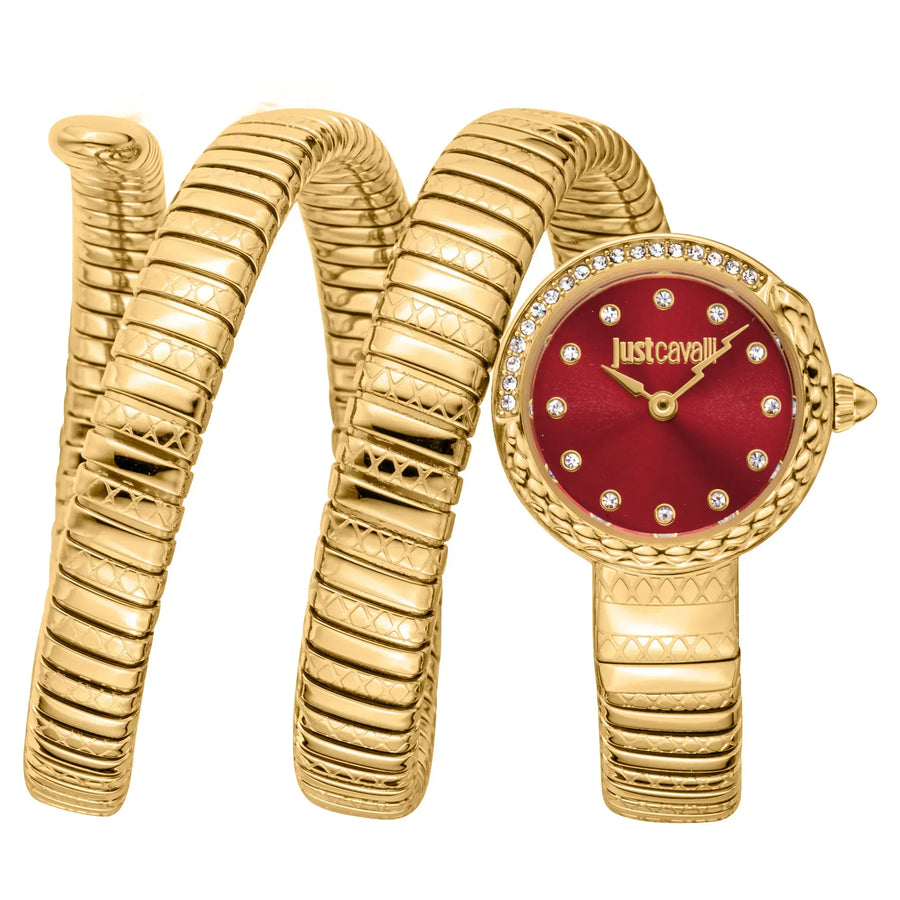 Just Cavalli Enchanting Red Dial Gold Steel Strap Watch for Women - JC1L302M0035