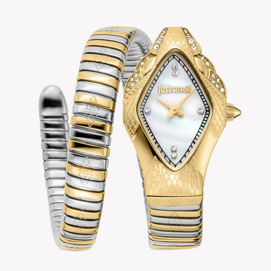 Just Cavalli Ferocious Mother of Pearl White Dial Two Tone Steel Strap Watch for Women - JC1L306M0065