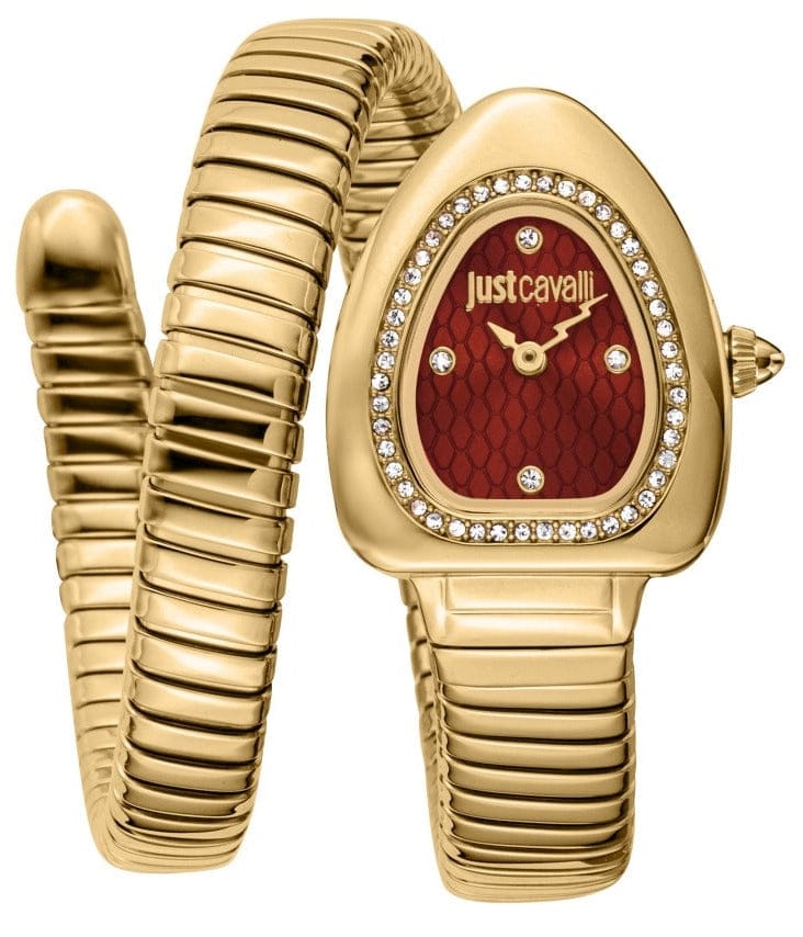 Just Cavalli Lady Snake Red Dial Gold Steel Strap Watch for Women - JC1L249M0025