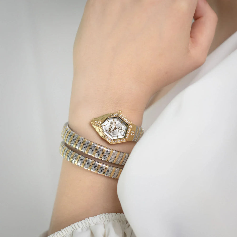 Just Cavalli Mesmerizing White Dial Two Tone Steel Strap Watch for Women - JC1L304M0055