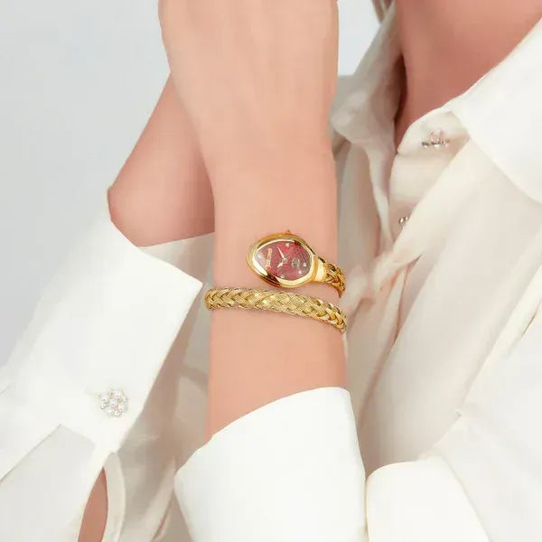 Just Cavalli Novara Red Dial Gold Steel Strap Watch for Women - JC1L264M0035
