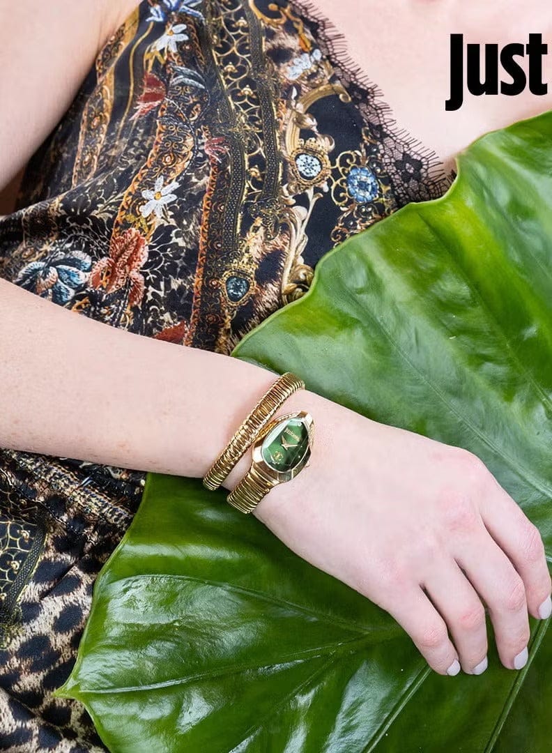 Just Cavalli Serpente Metallica Green Dial Gold Steel Strap Watch for Women - JC1L208M0045