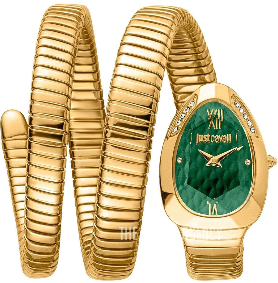 Just Cavalli Serpente Metallica Green Dial Gold Steel Strap Watch for Women - JC1L208M0045