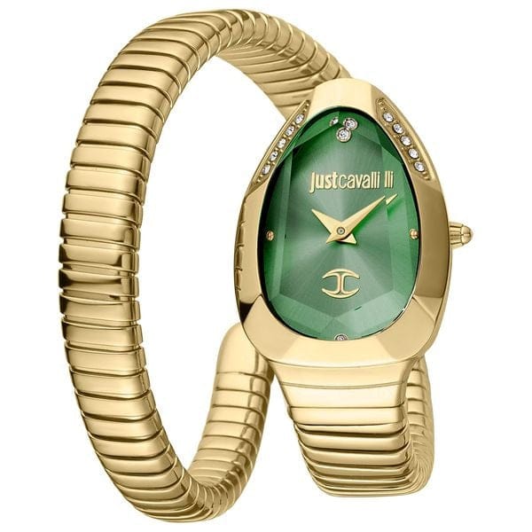 Just Cavalli Serpente Metallica Green Dial Gold Steel Strap Watch for Women - JC1L208M0045