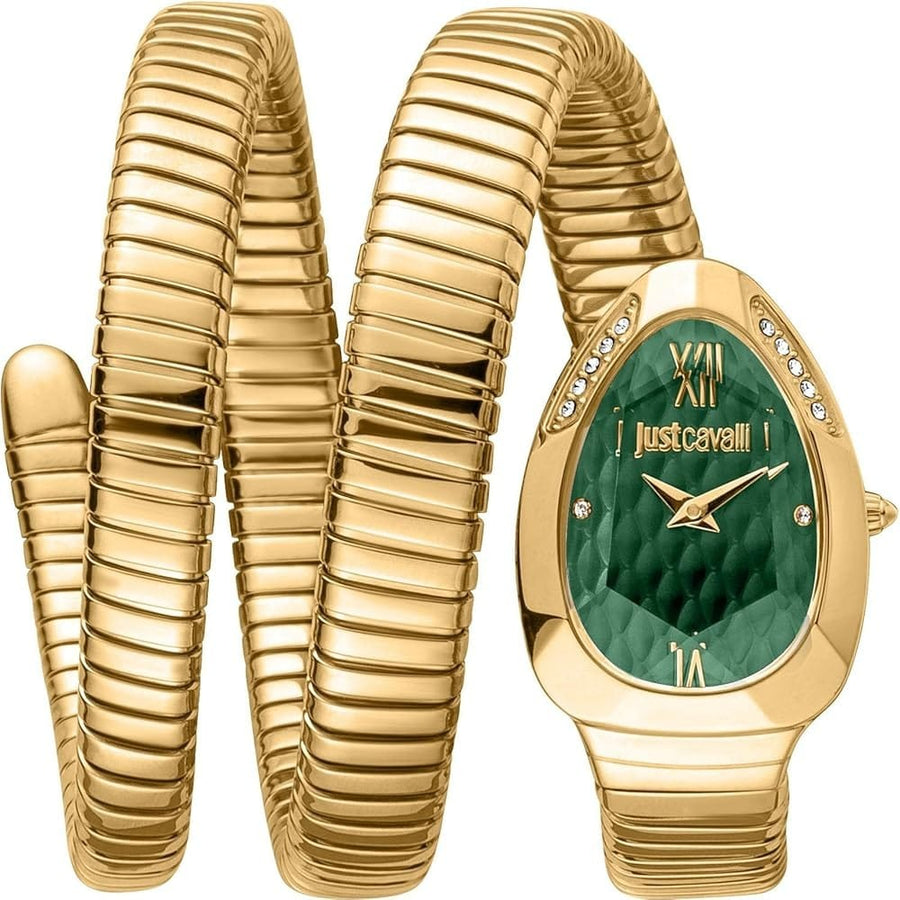 Just Cavalli Serpente Metallica Green Dial Gold Steel Strap Watch for Women - JC1L224M0045