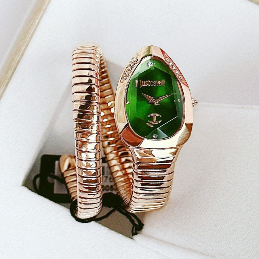 Just Cavalli Serpente Metallica Green Dial Rose Gold Steel Strap Watch for Women - JC1L208M0055