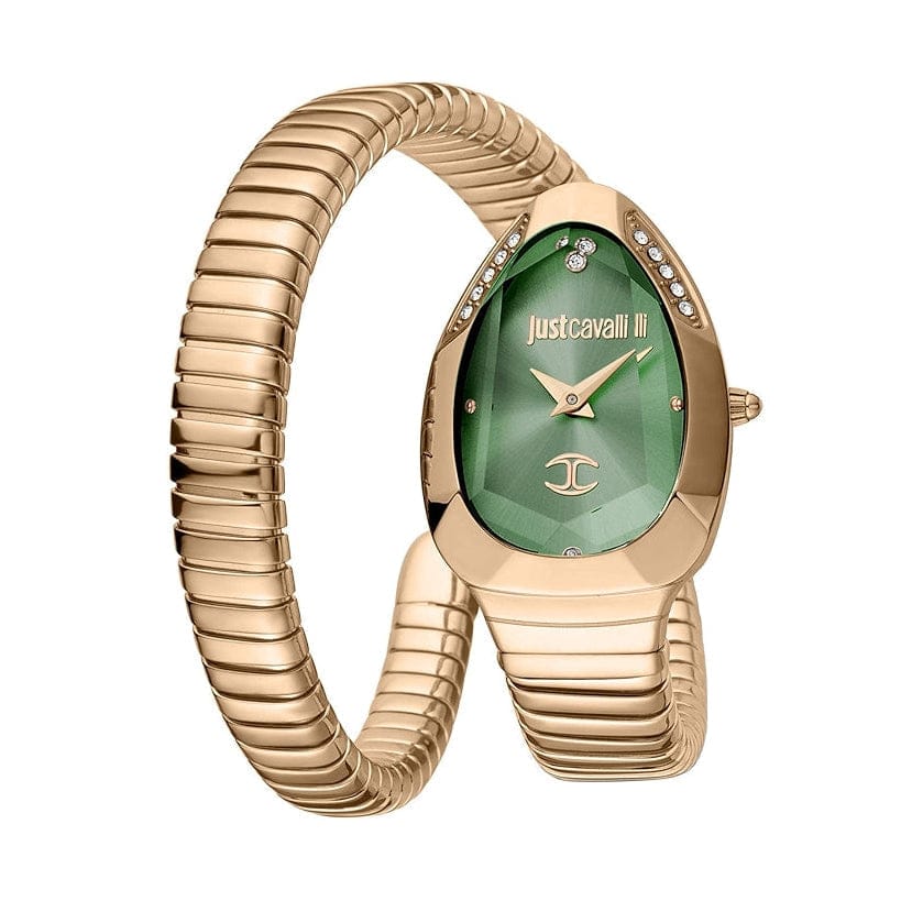Just Cavalli Serpente Metallica Green Dial Rose Gold Steel Strap Watch for Women - JC1L208M0055