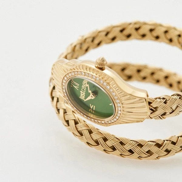 Just Cavalli Twined Green Dial Gold Steel Strap Watch for Women - JC1L305M0035
