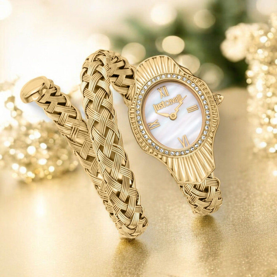 Just Cavalli Twined Mother of Pearl Dial Gold Steel Strap Watch for Women - JC1L305M0025