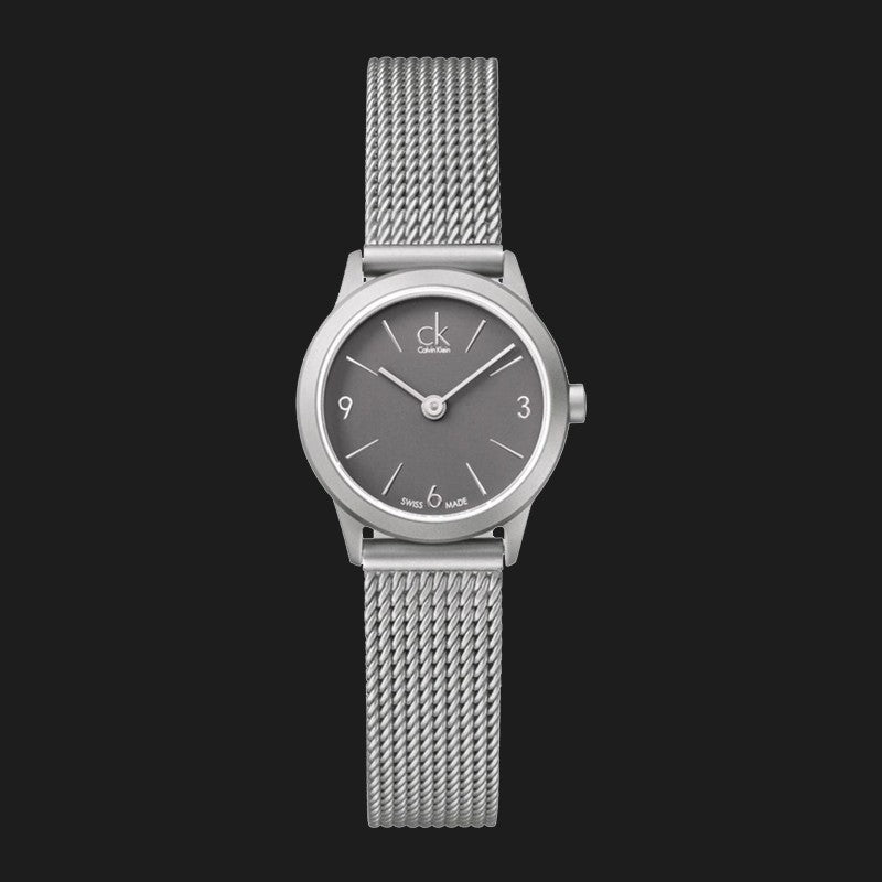 Calvin Klein Minimal Grey Dial Silver Mesh Bracelet Watch for Women - K3M53154