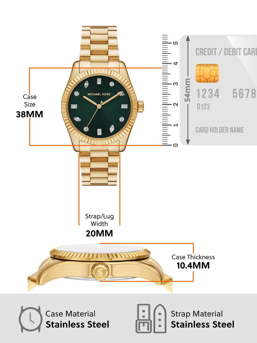 Michael Kors Lexington Three Hand Green Dial Gold Steel Strap Watch For Women - MK7449