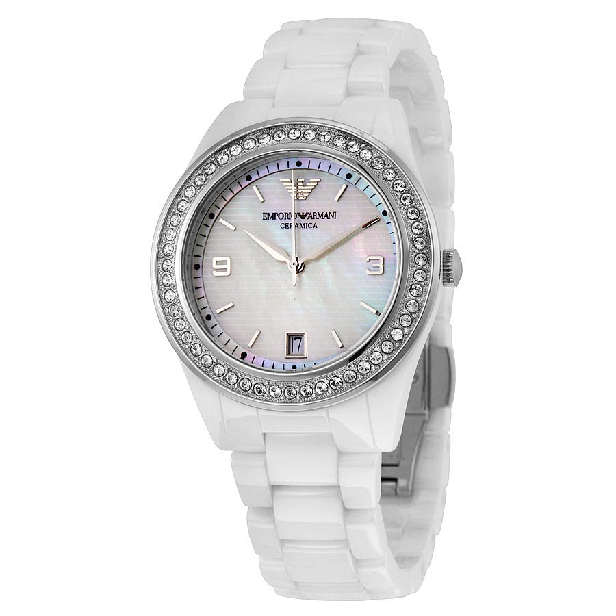 Emporio Armani Ceramica White Mother of Pearl Dial Stainless Steel Strap Watch For Women - AR1426