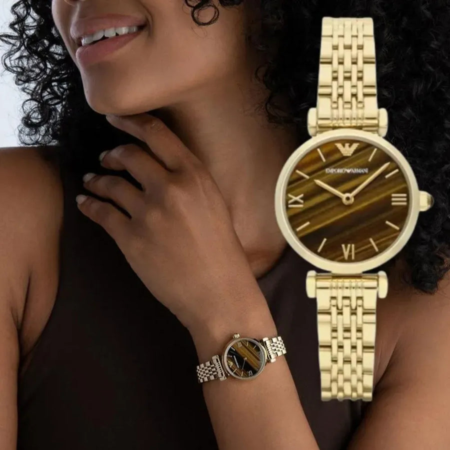 Emporio Armani Gianni T-Bar Brown Dial Gold Steel Strap Watch for Women - AR11703