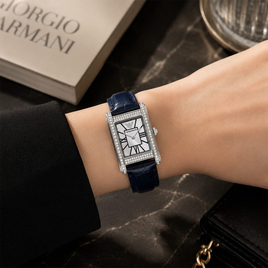 Emporio Armani Genni White Dial Blue Leather Strap Watch for Women - AR11718