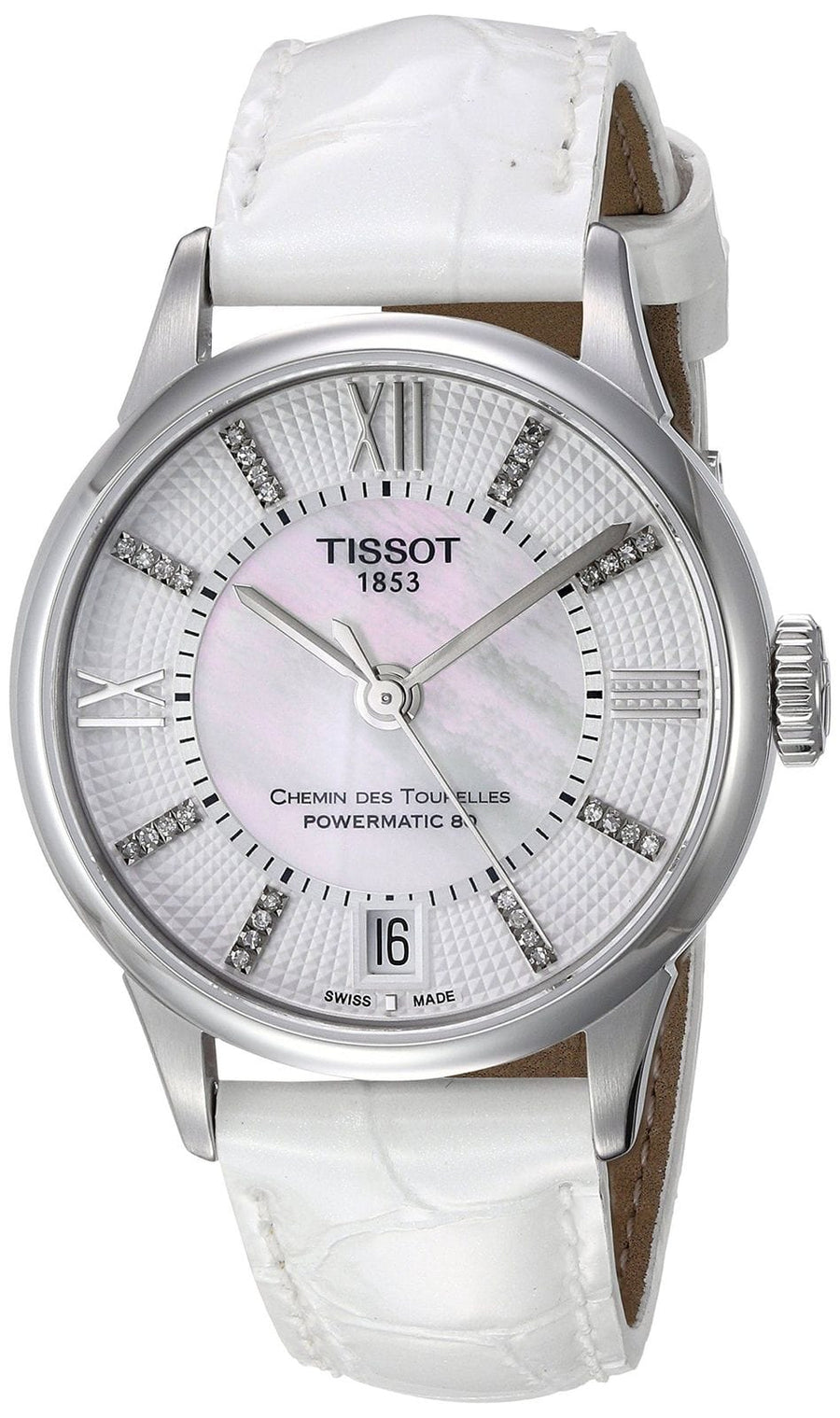 Tissot Chemin Des Tourelles Powermatic 80 Lady White Dial White Leather Strap Watch For Women - T099.207.16.116.00