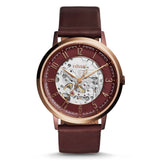 Fossil Vintage Muse Automatic Skeleton Maroon Dial Maroon Leather Strap Watch for Women - ME3137