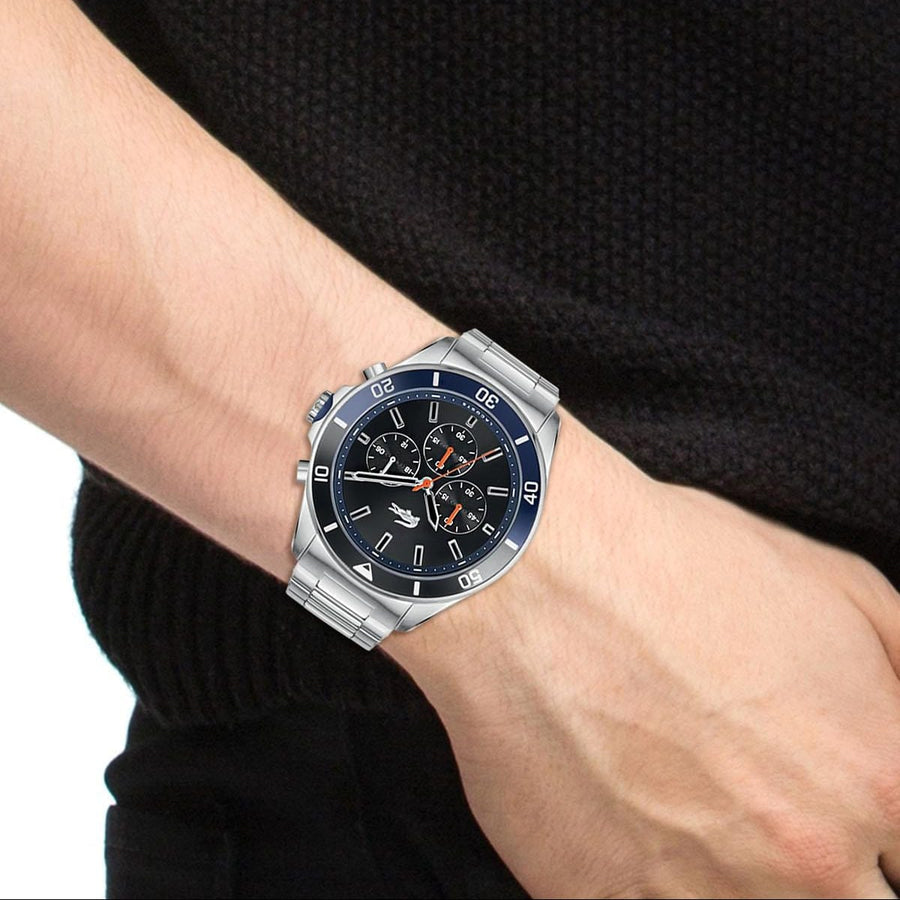 Lacoste Tiebreaker Chronograph Black Dial Silver Steel Strap Watch for Men - 2011155
