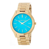 Michael Kors Slim Runway Blue Mother of Pearl Dial Gold Steel Strap Watch for Women - MK3492