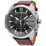 Diesel Mega Chief Black & Silver Round Dial Brown Leather Strap Watch For Men - DZ4290