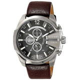 Diesel Mega Chief Black & Silver Round Dial Brown Leather Strap Watch For Men - DZ4290
