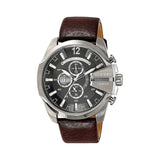 Diesel Mega Chief Black & Silver Round Dial Brown Leather Strap Watch For Men - DZ4290