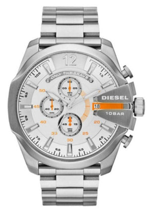 Diesel Mega Chief Quartz Chronograph White Dial Steel Strap Watch For Men - DZ4328