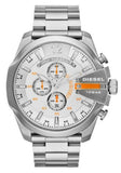 Diesel Mega Chief Chronograph White Dial Silver Steel Strap Watch For Men - DZ4328