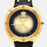 Versace Shadov Quartz Gold Dial Black Leather Strap Watch for Women - VEBM00318