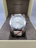 Burberry The City Nova White Dial Checked Brown Leather Strap Watch for Men - BU9357