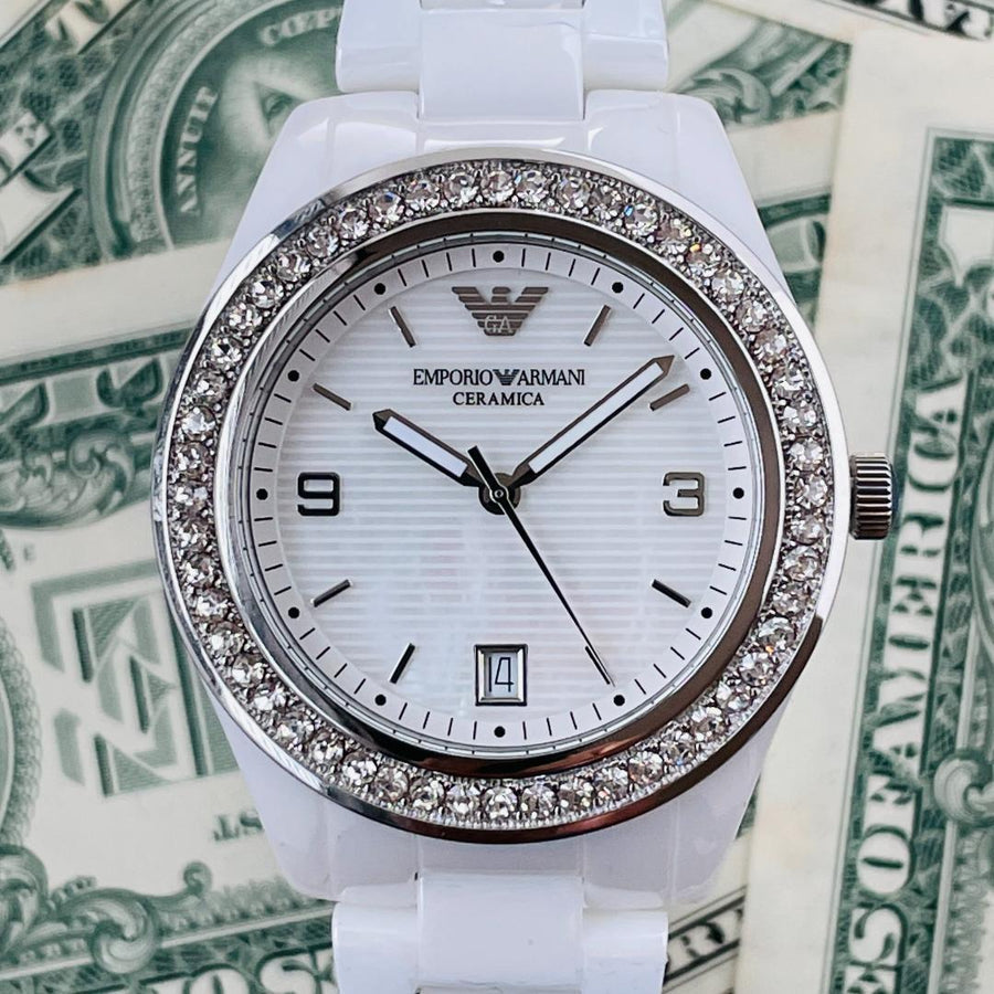 Emporio Armani Ceramica White Mother of Pearl Dial Stainless Steel Strap Watch For Women - AR1426
