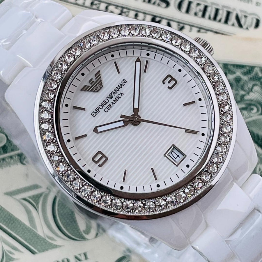 Emporio Armani Ceramica White Mother of Pearl Dial Stainless Steel Strap Watch For Women - AR1426