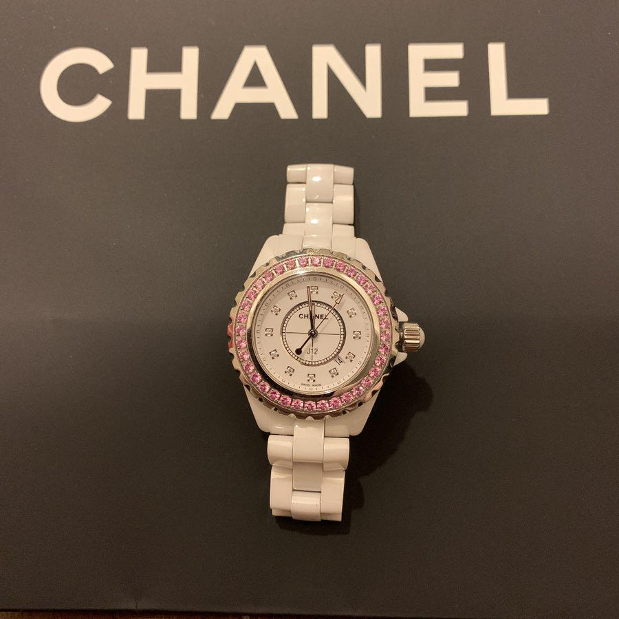 Chanel J12 Sapphire Bezel Ceramic White Dial White Steel Strap Watch for Women - J12 H2010
