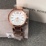 Michael Kors Sawyer Mother of Pearl White Dial Rose Gold Steel Strap Watch for Women - MK6282