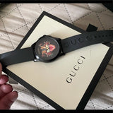 Gucci G Timeless Cat Motif Black Dial Black Leather Strap Unisex Watch - YA1264021