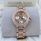 Michael Kors Camille Multifunction Crystals Rose Gold Dial Rose Gold Steel Strap Watch For Women - MK6997