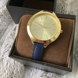 Michael Kors Runway Quartz Gold Dial Blue Leather Strap Watch For Women - MK2285