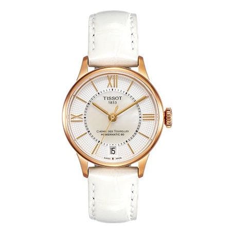 Tissot Chemin Des Tourelles Powermatic 80 Lady Silver Dial White Leather Strap Watch For Women - T099.207.36.118.00