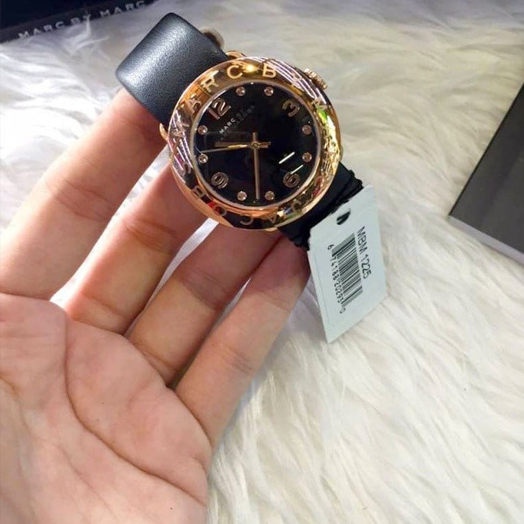 Marc Jacobs Amy Black Dial Black Leather Strap Watch for Women - MBM1225