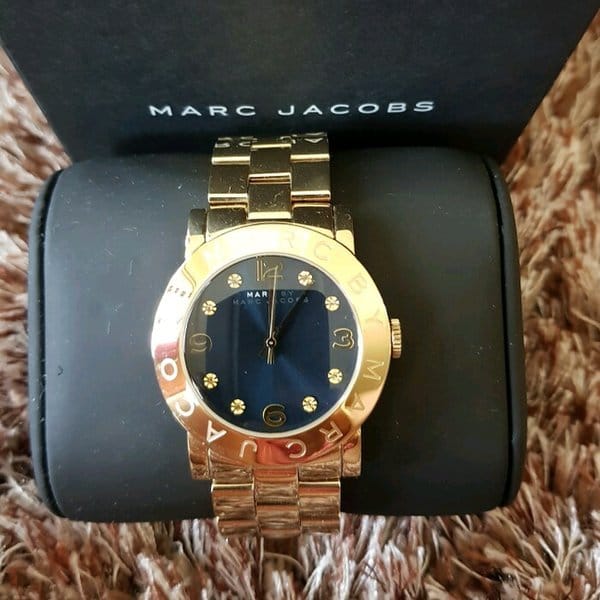 Marc Jacobs Amy Blue Dial Gold Steel Strap Watch for Women - MBM3166