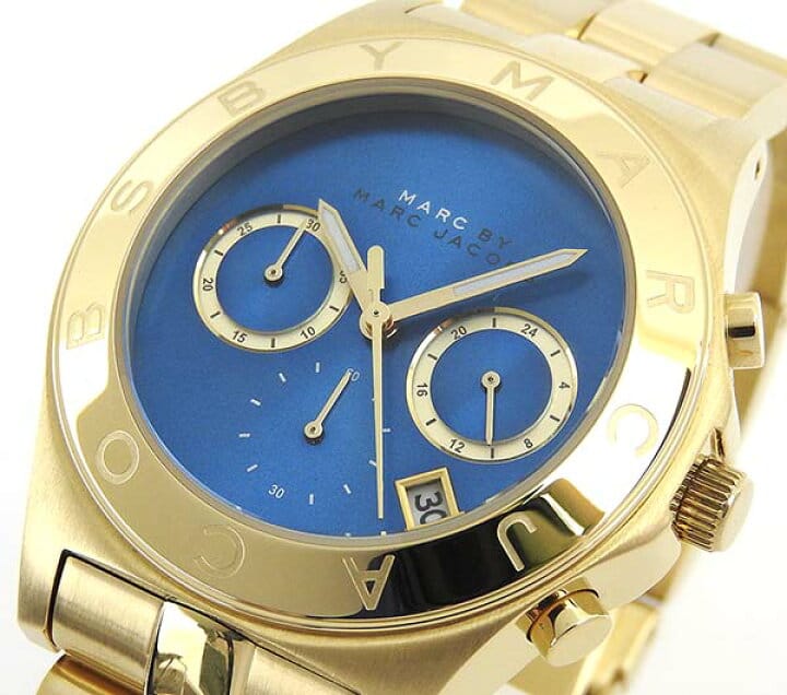 Marc Jacobs Blade Chronograph Blue Dial Gold Steel Strap Watch for Women - MBM3307