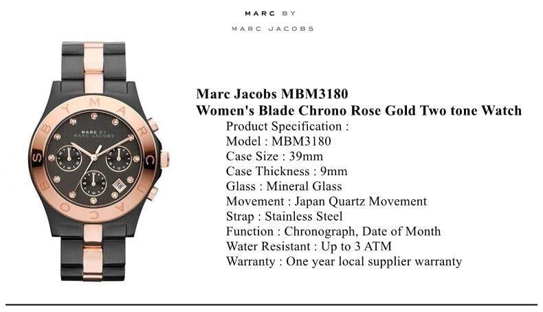 Marc Jacobs Blade Chronograph Grey Dial Two Tone Steel Strap Watch for Women - MBM3180