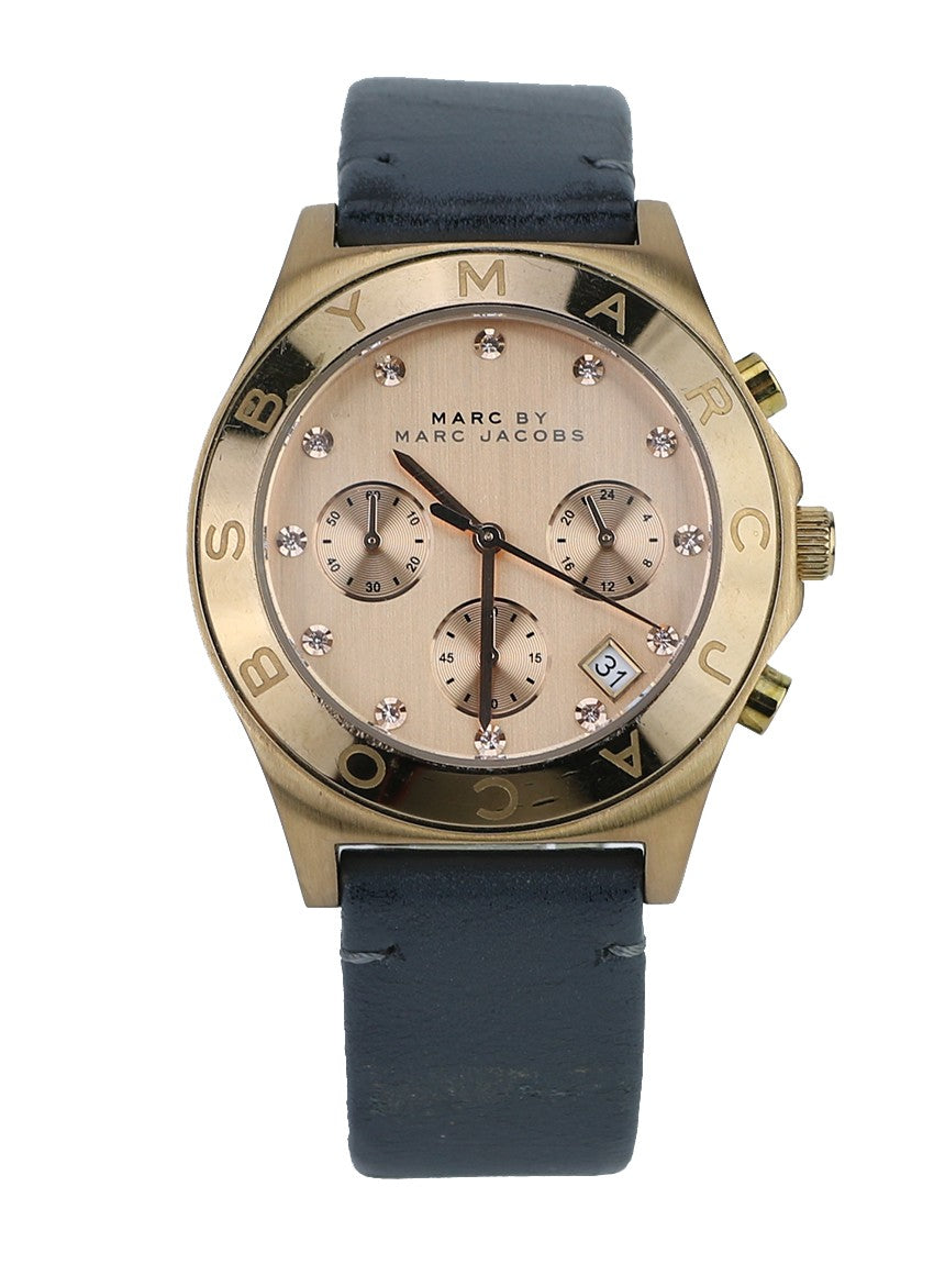 Marc Jacobs Blade Chronograph Rose Gold Dial Black Leather Strap Watch for Women - MBM1188