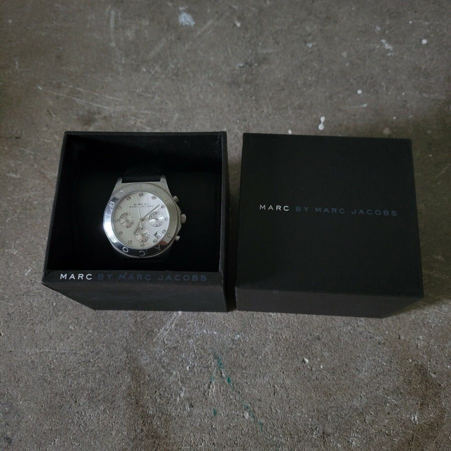 Marc Jacobs Blade Chronograph White Dial Black Leather Strap Watch for Women - MBM1189