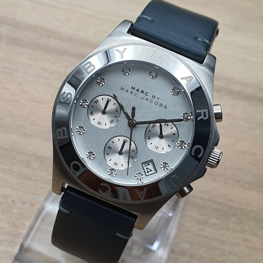 Marc Jacobs Blade Chronograph White Dial Black Leather Strap Watch for Women - MBM1189