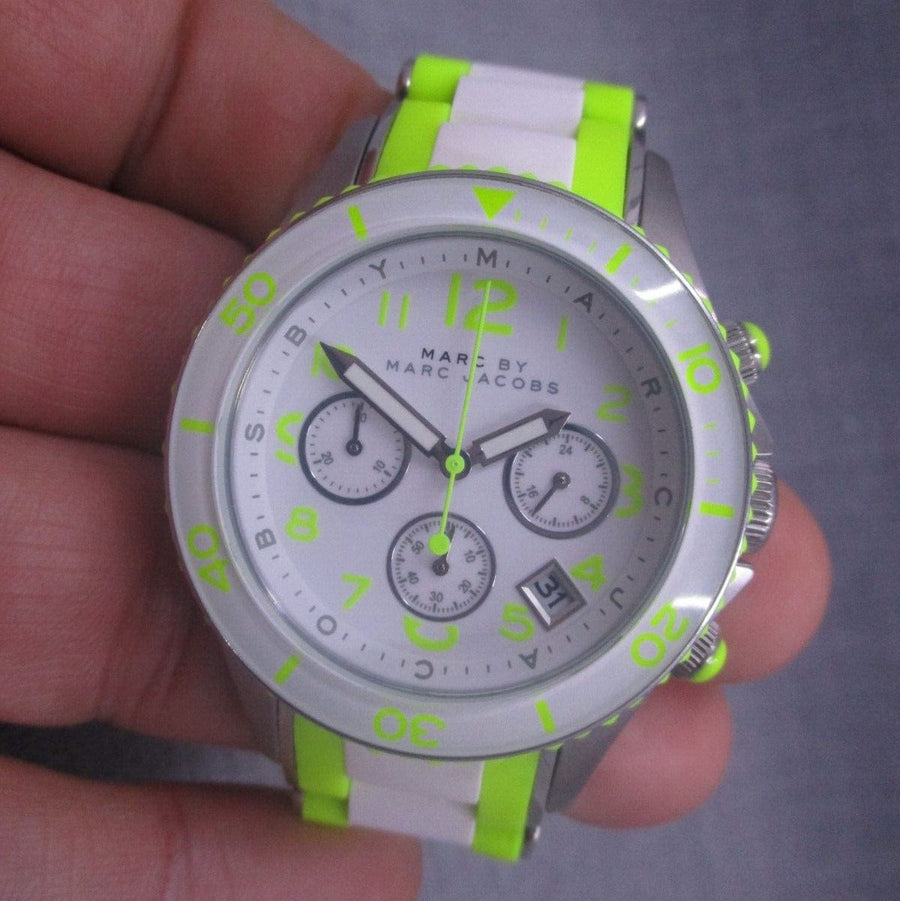 Marc Jacobs Rock Chronograph White Dial White & Green Silicone Strap Watch for Women - MBM2592