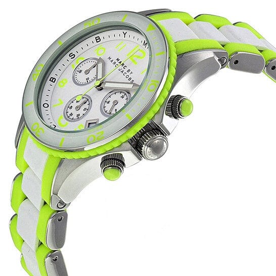 Marc Jacobs Rock Chronograph White Dial White & Green Silicone Strap Watch for Women - MBM2592