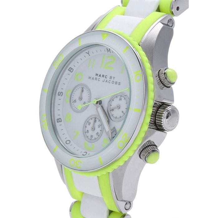 Marc Jacobs Rock Chronograph White Dial White & Green Silicone Strap Watch for Women - MBM2592